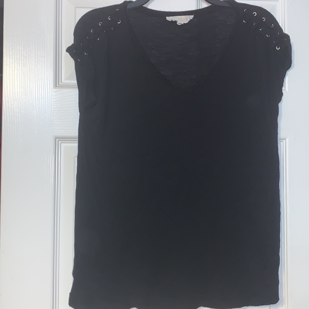 Pink republic black short sleeve lace shoulder top size medium rounded bottom